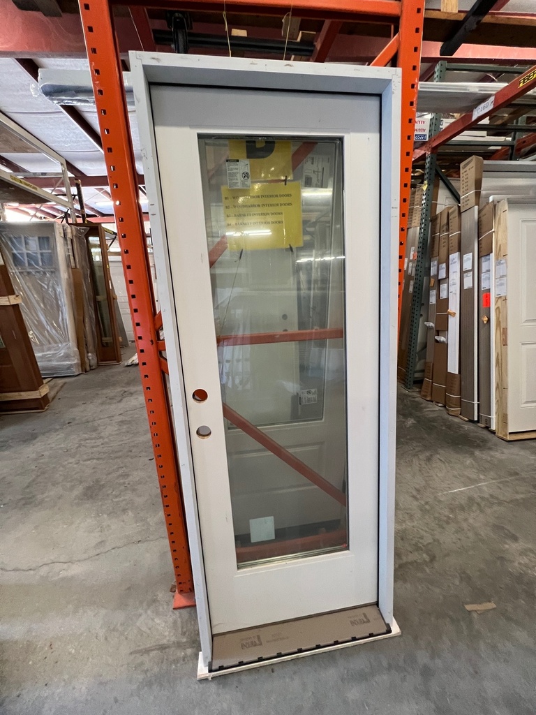 2'6" x 6'8" Fiberglass Flush Glazed Full Lite Low-E IG; Primed Composite Jamb @ 4-9/16" ; No Brickmould; Right Hand Inswing; This is a RESALE item that is sold AS-IS with no warranty.